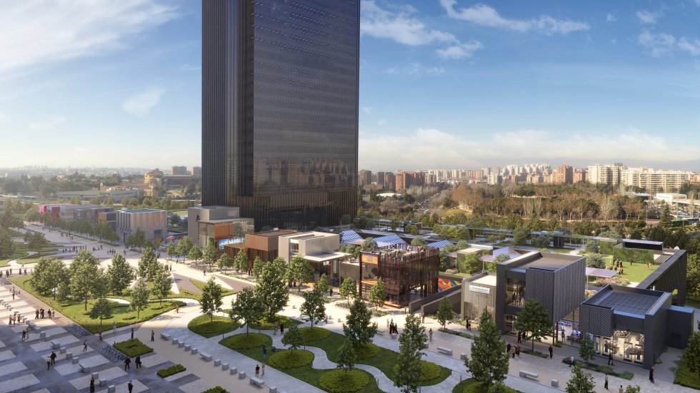 Recreación de la torre y el centro comercial