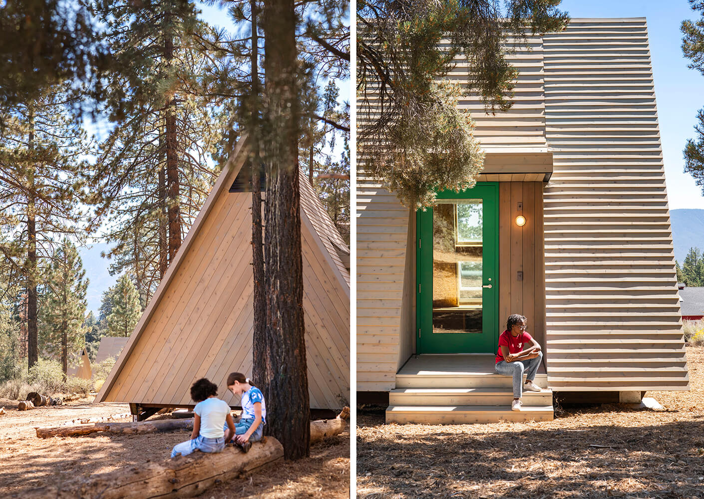 Niñas jugando junto a las cabañas del campamento de Girl Scouts Lakota