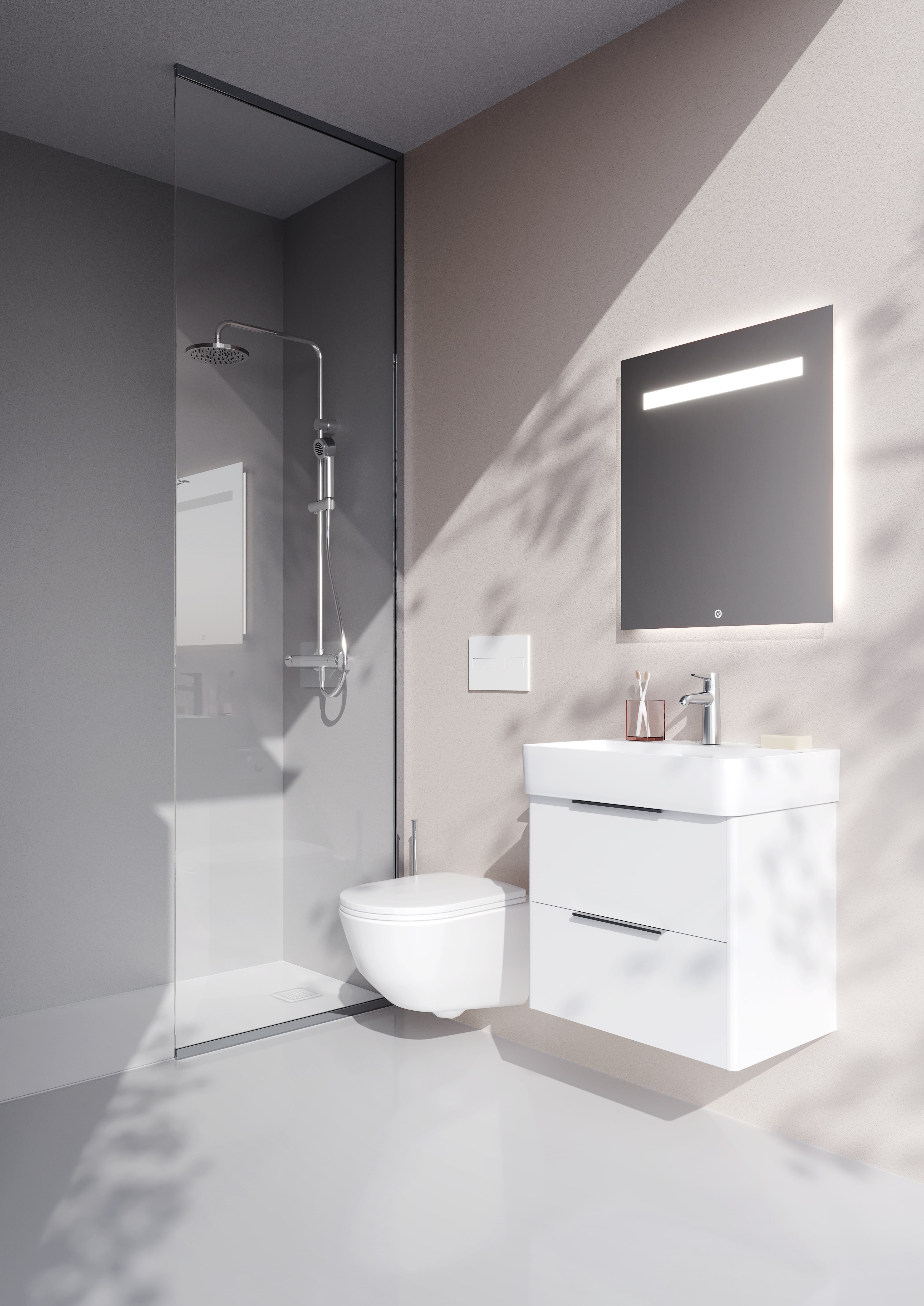 Cuarto de baño con ducha, lavabo e inodoro