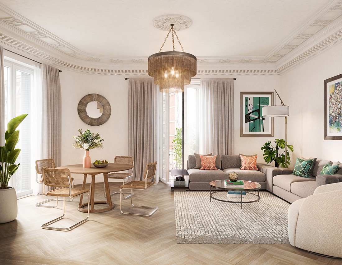 Archivo - Interior de una vivienda en la Gran Vía de Madrid, comercializada por Knight Frank.