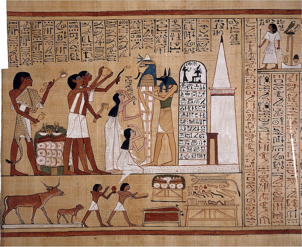 Fragmento del papiro en la que se muestra la momia de Hunefer, sujetada por un sacerdote de Anubis, recibiendo un ritual.