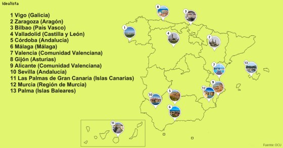 Mapa de las 13 ciudades españolas con mejor calidad de vida