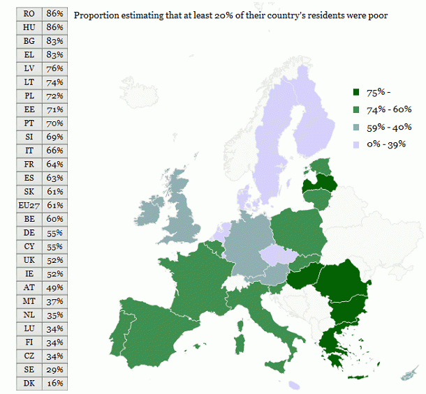Imagen del día: mapa de la proporción de habitantes pobres en los países europeos