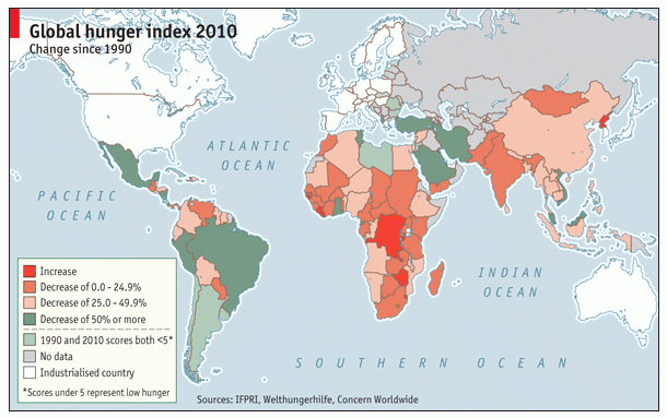 fuente: the economist Imagen del día: mapa mundi del nivel de hambruna desde 1990 hasta 2010