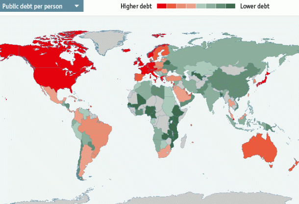Imagen del día: mapa mundi de la deuda global por persona en 2010