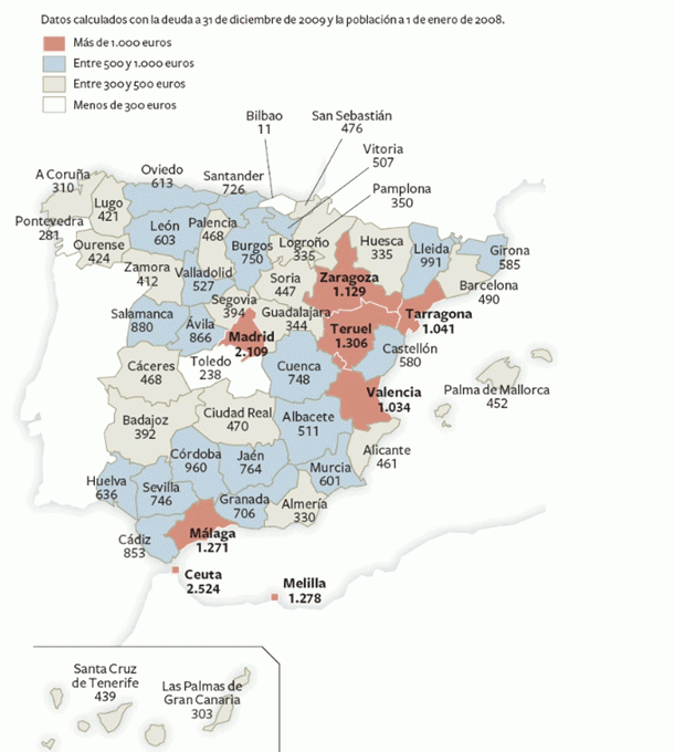 Imagen del día: deuda municipal de las capitales españolas por habitante 