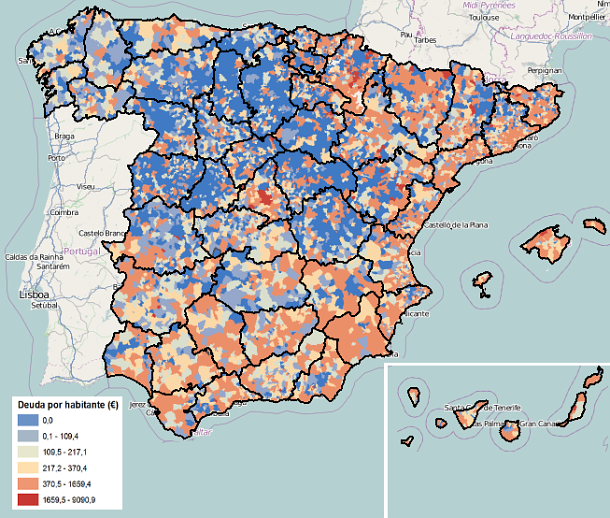 Mapa con las localidades con más deuda de España