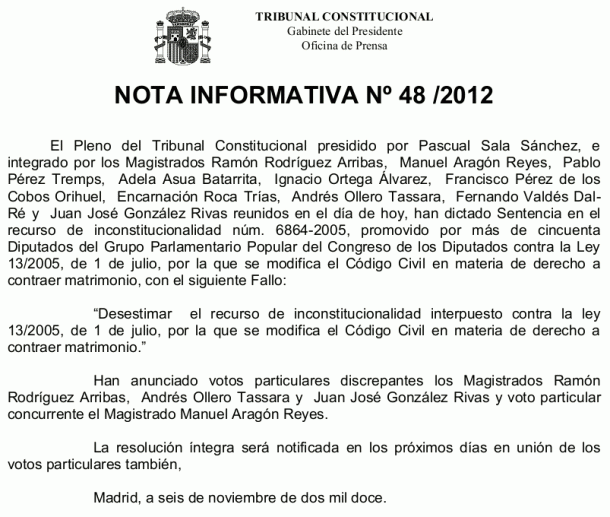 El matrimonio gay en España es constitucional (sentencia)