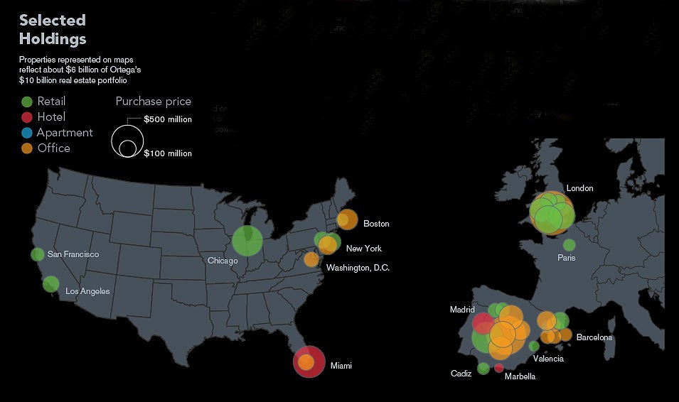 Mapa de los inmuebles del imperio inmobiliario de amancio ortega