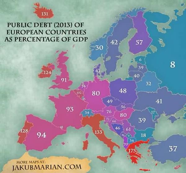 Imagen del día: la deuda pública de los países europeos en relación a su PIB