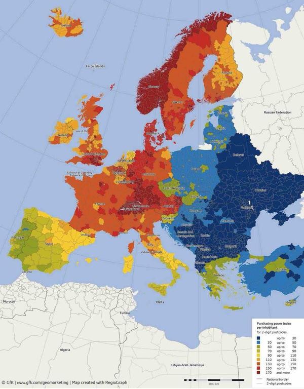 Imagen del día: Europa está dividida en tres grandes zonas según el poder adquisitivo de sus habitantes