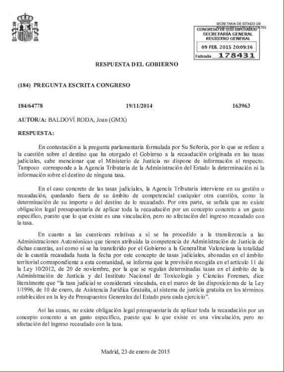 ¿Dónde están los 500 millones recaudados por las tasas judiciales? El Gobierno reconoce que no lo sabe