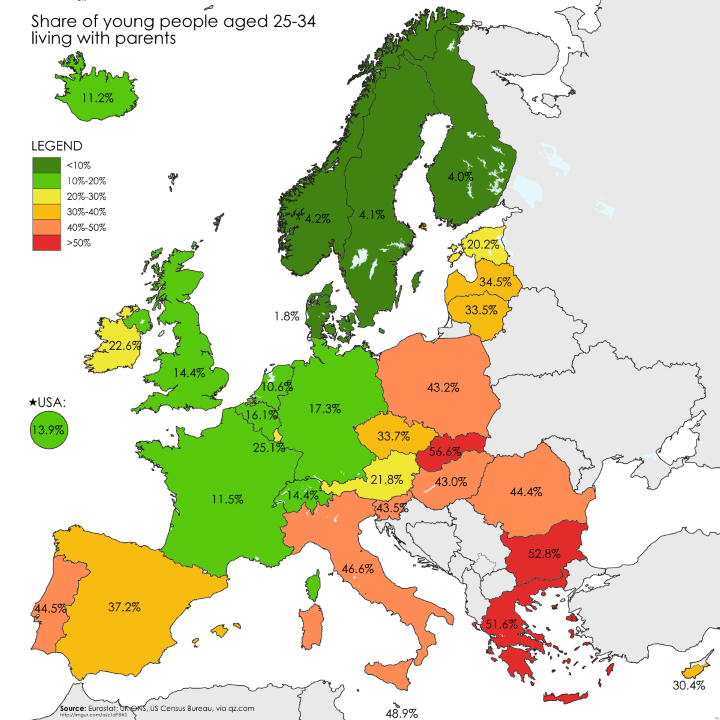 Los jóvenes europeos entre 25 y 34 años que aún siguen viviendo con sus padres