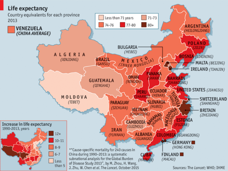 Imagen del día: la esperanza de vida en las regiones chinas y los países a los que se equiparan