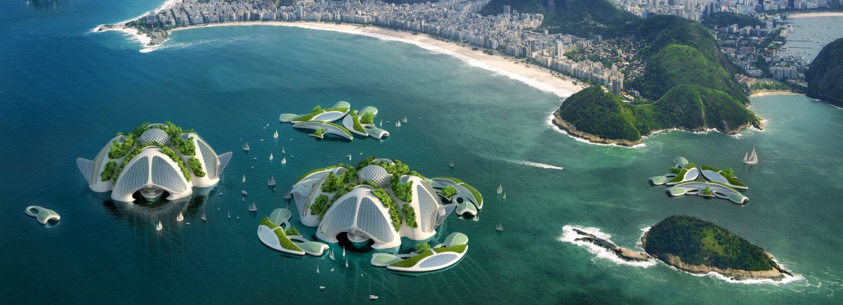 ciudad flotante con edificios subacuáticos