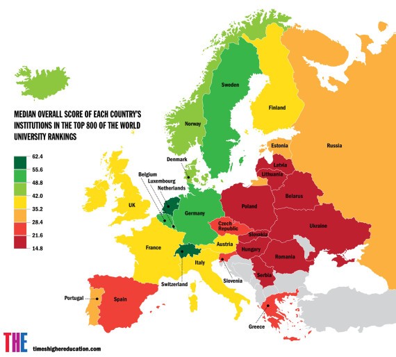 Imagen del día: ranking de las mejores universidades europeas por países