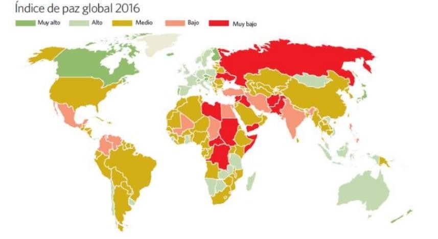 Imagen del día: mapa de los países más y menos pacíficos del mundo en 2016