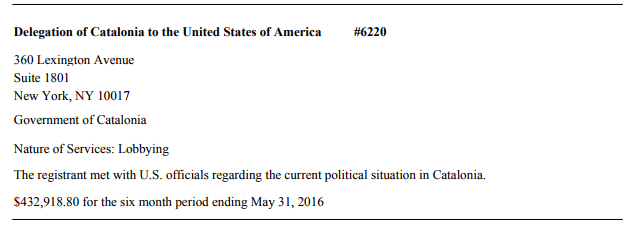 Cataluña gasta un 1 millón de dólares en su 'embajada' en EEUU desde 2016