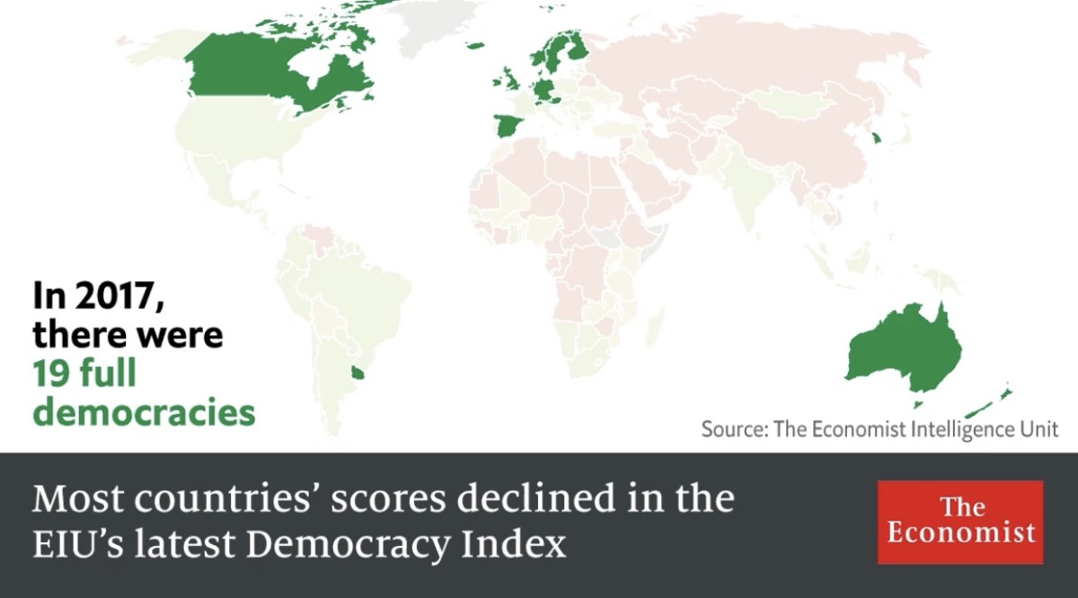 Imagen del día: España entre las 19 democracias plenas del mundo, según The Economist 