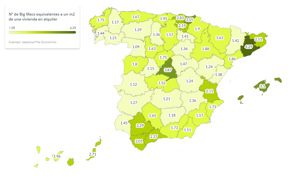Nº de Big Macs equivalentes a un m2 de una vivienda en alquiler
