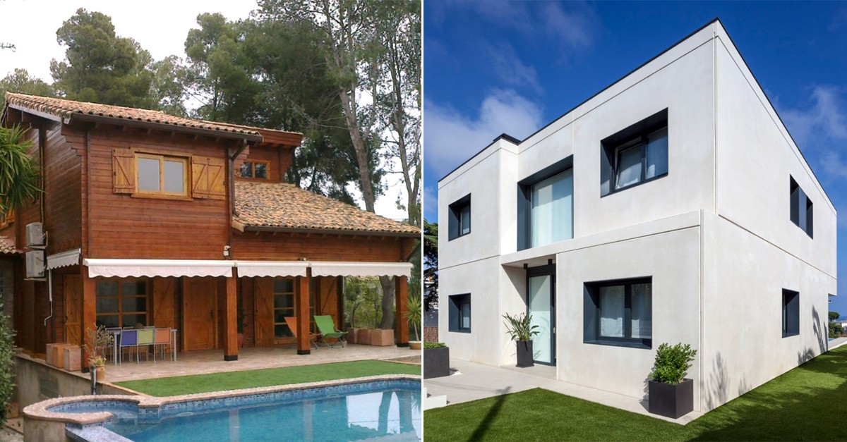 Una casa de madera de diseño moderno con piscina y porche