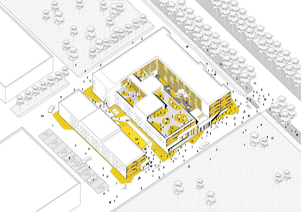 El desarrollo, rodeado de árboles