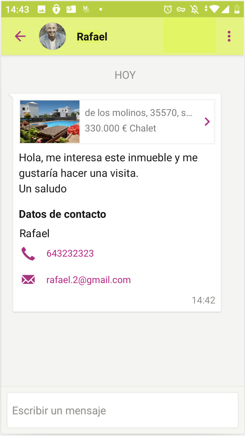 Detalle de conversación en el chat desde la vista del profesional en la app idealista lanza un chat para facilitar la comunicación entre usuarios y anunciantes