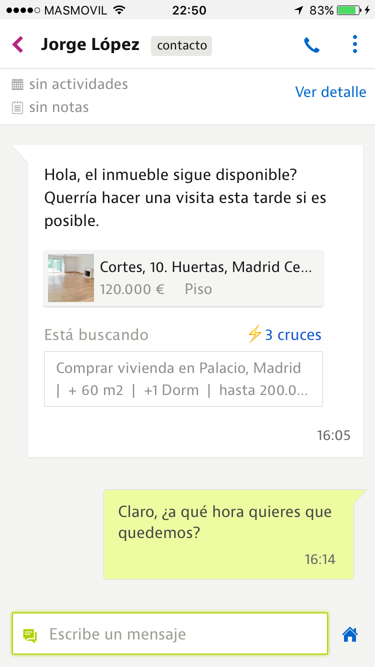 Vista del chat para el profesional desde la web idealista lanza un chat para facilitar la comunicación entre usuarios y anunciantes