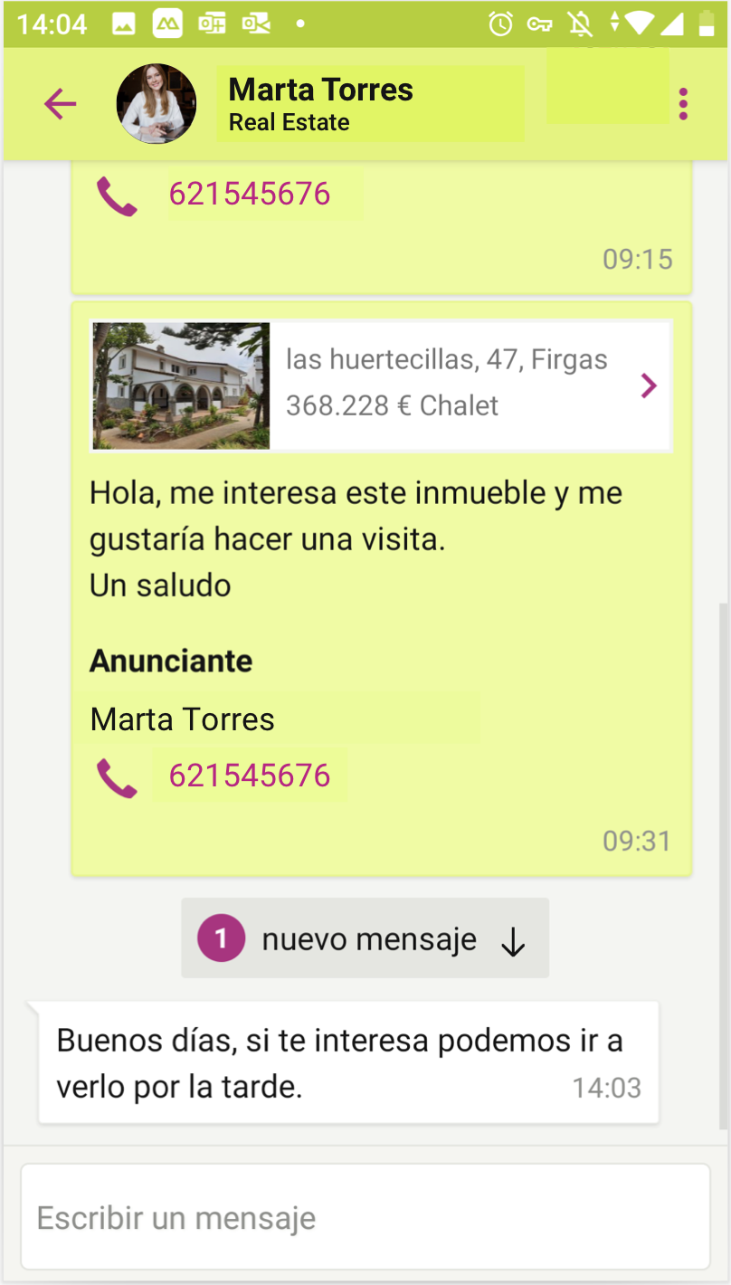 Detalle de conversación en el chat desde la vista del interesado en la app idealista lanza un chat para facilitar la comunicación entre usuarios y anunciantes