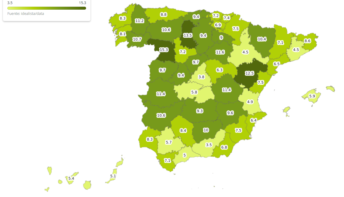 Mapa do tempo necessário para vender uma casa em Espanha