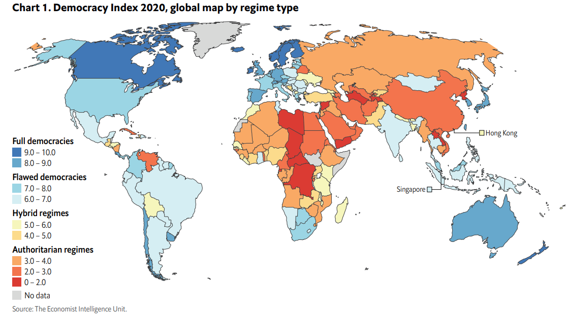Imagen del día: los países más y menos democráticos en 2020 (España sigue siendo una democracia plena)