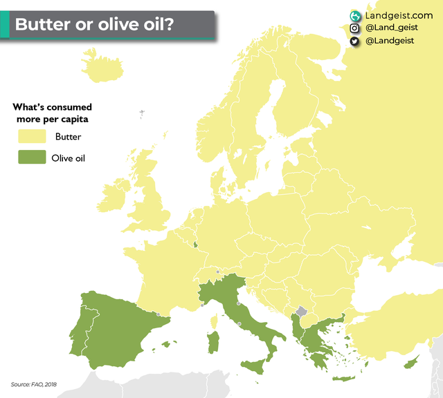 Imagen del día: el consumo de aceite de oliva y mantequilla en países europeos