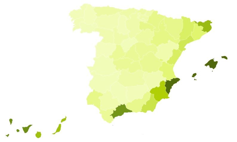 A map of where foreigners buy homes in Spain. Darker green means more transactions