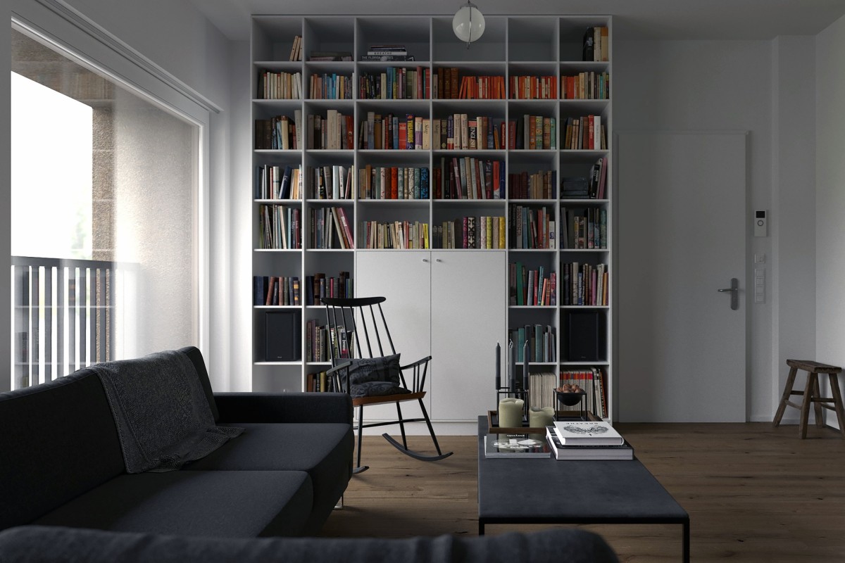 Salón rectangular con estantería de arriba a abajo