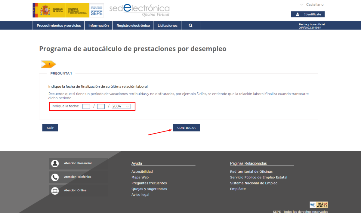 Paso 2 del programa de autocálculo de prestaciones