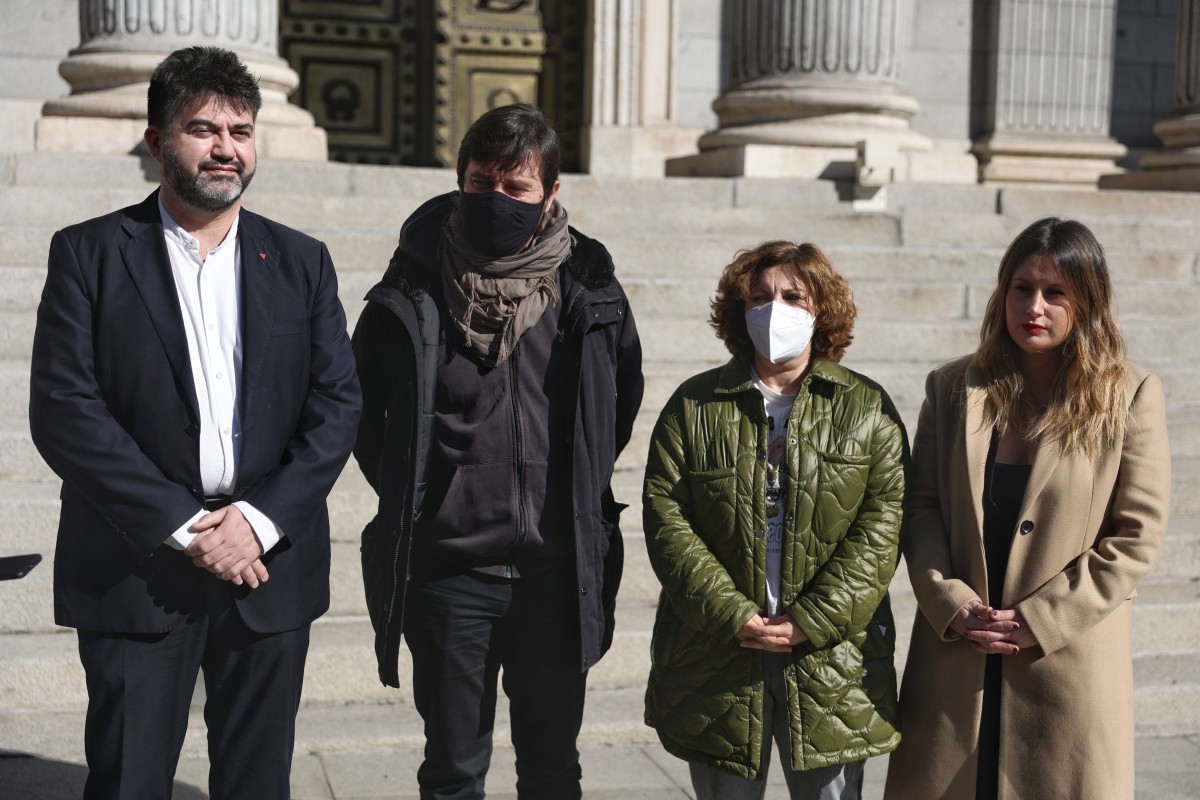 Representantes de Podemos ante el Congreso de los Diputados