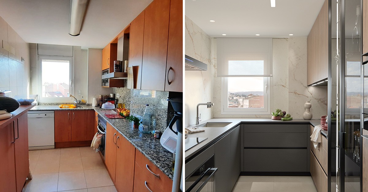 Antes y después de una cocina reformada: más espacio de almacenamiento y varias fuentes de luz