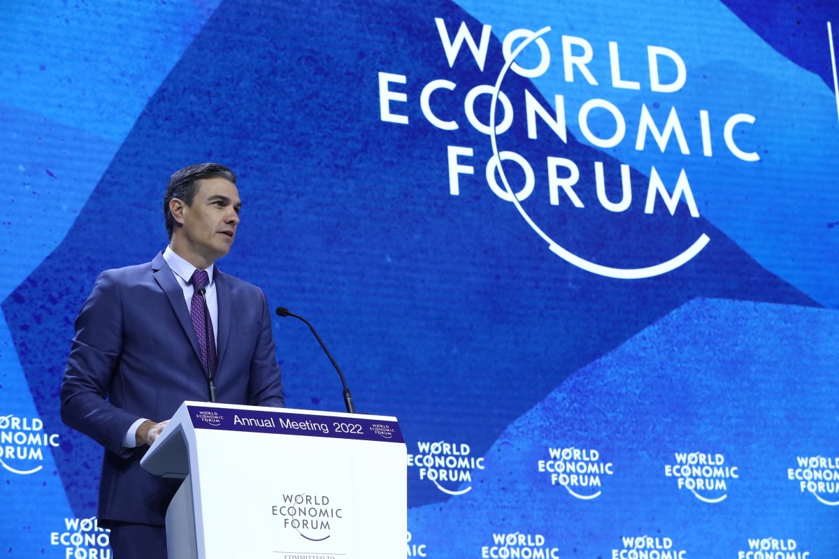 El presidente del Gobierno, Pedro Sánchez, durante su intervención en el Foro Económico Mundial en Davos (Suiza)