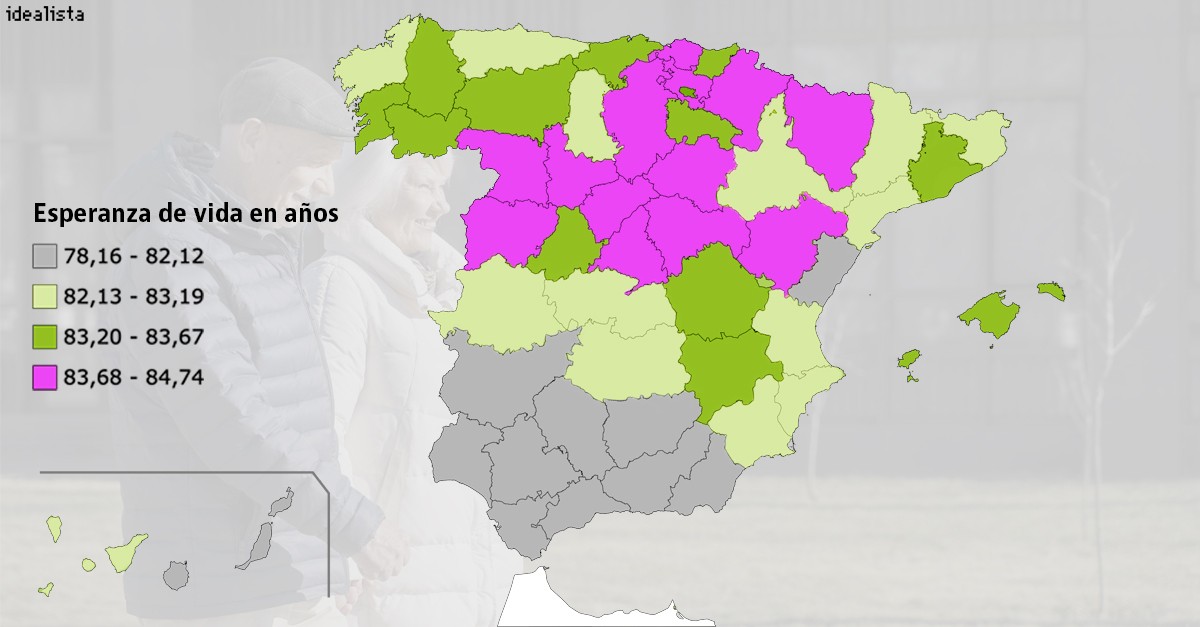 Mapa con la esperanza de vida en cada provincia de España