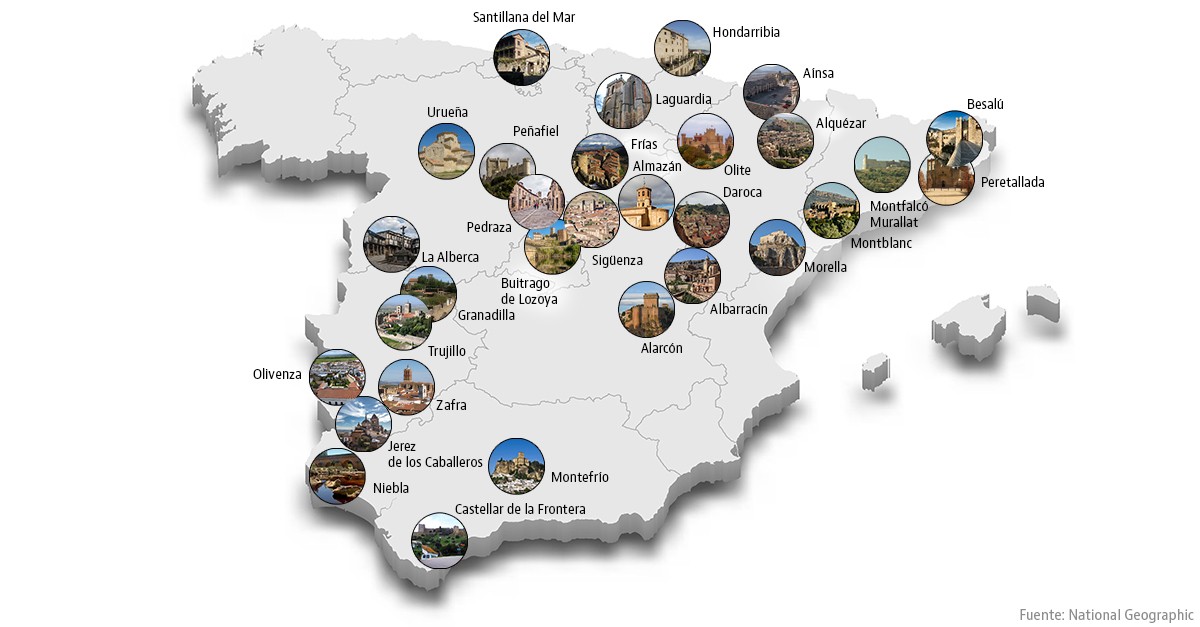 Mapa con los 30 pueblos medievales más bonitos de España