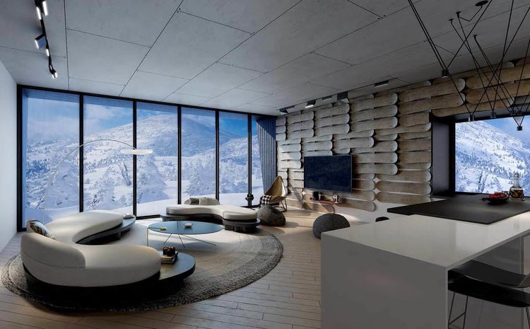 Salón con muebles y grandes ventanales