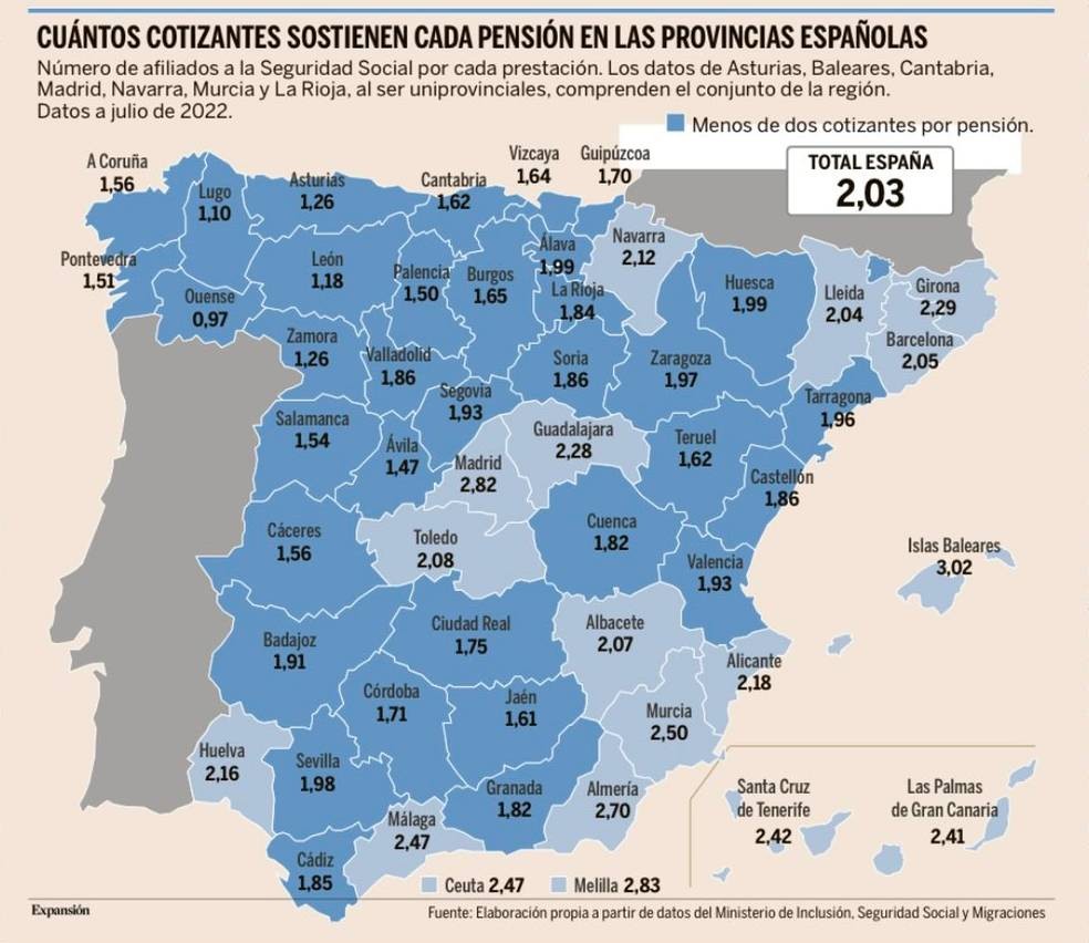 El mapa de los cotizantes en España por cada pensionista