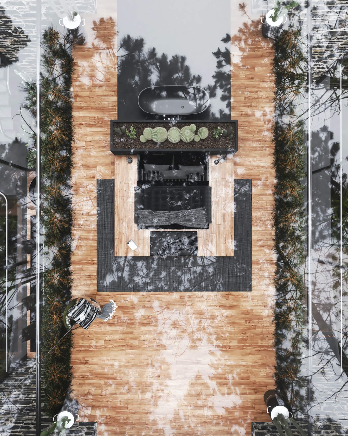 Desde esta vista cenital se observa el espacio privado: la cama y la bañera