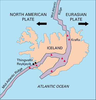 Un mapa con las dos placas tectónicas que se alejan en Islandoia