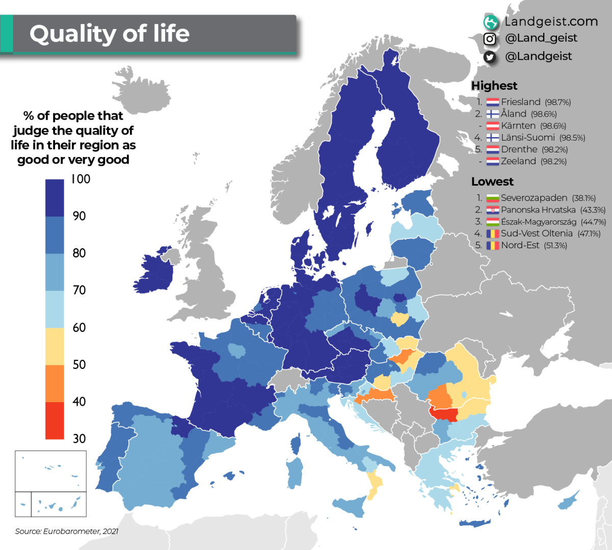 El mapa de Europa que muestra la calidad de vida de sus habitantes