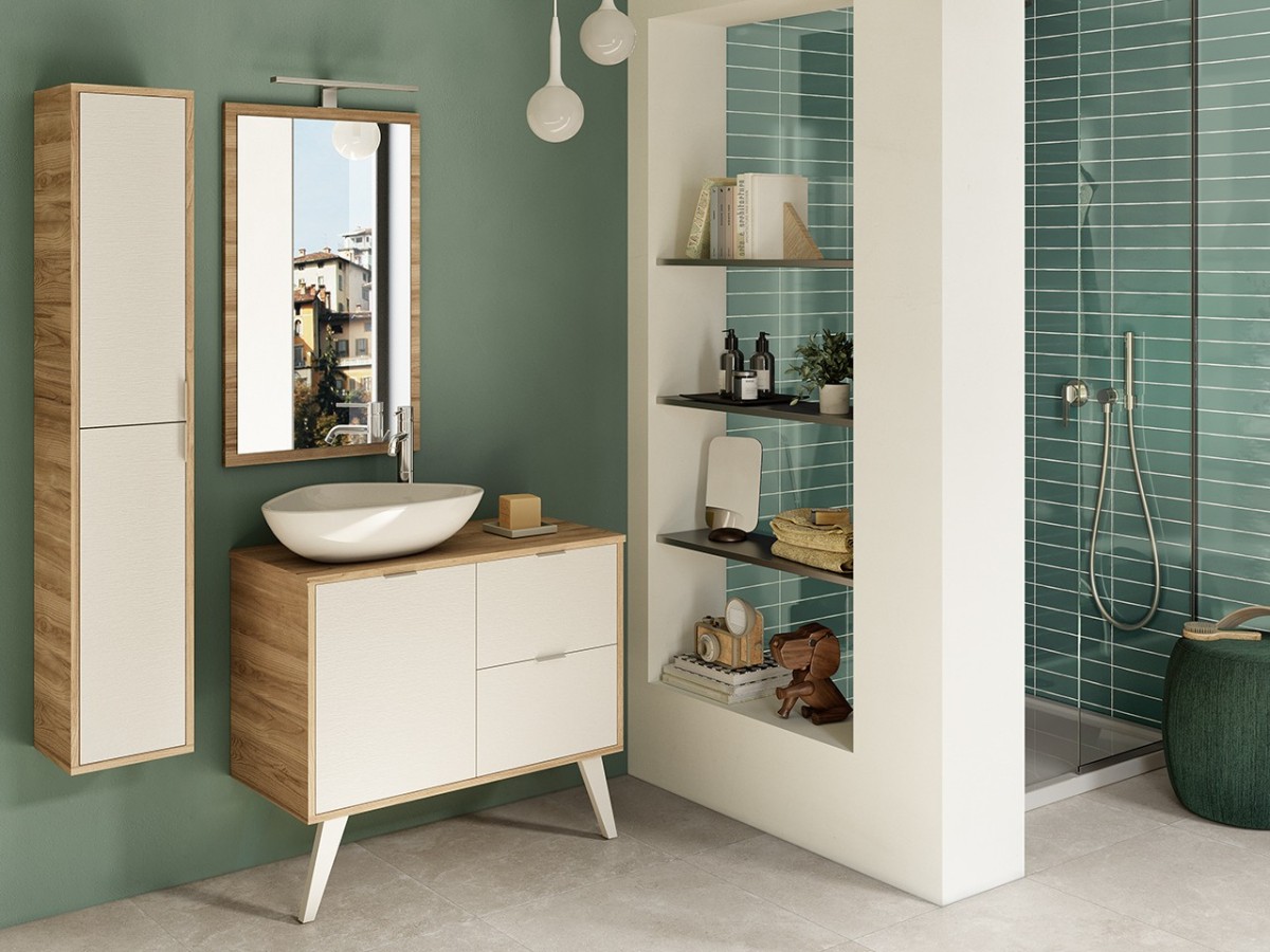 Mueble de baño con espejo verde/madera clara/negro ZARAGOZA