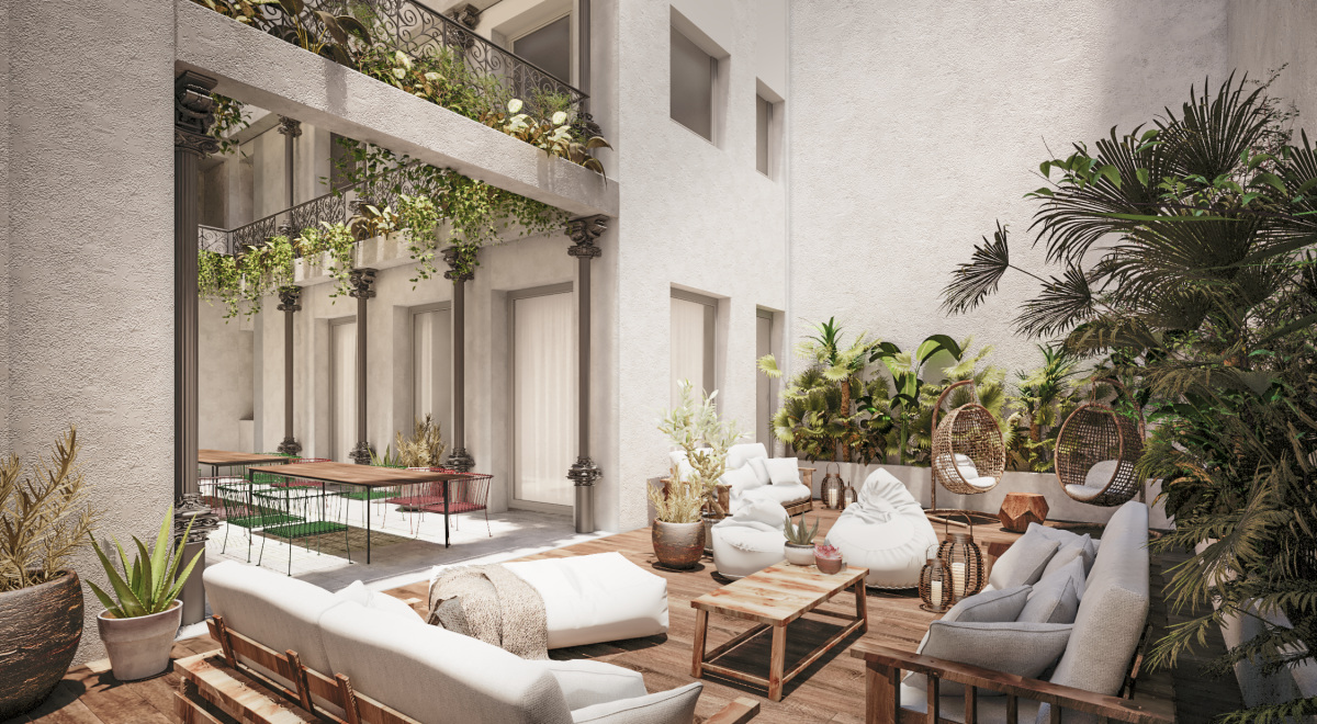 patio amueblado coliving vitruvio