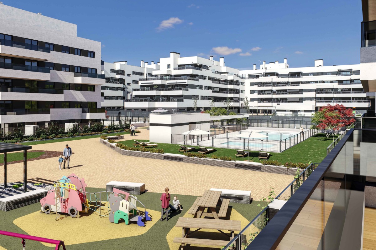 Panorámica de las zonas comunes de la promoción BtR entregada por Aedas Homes a Nestar Homes en Alcalá de Henares
