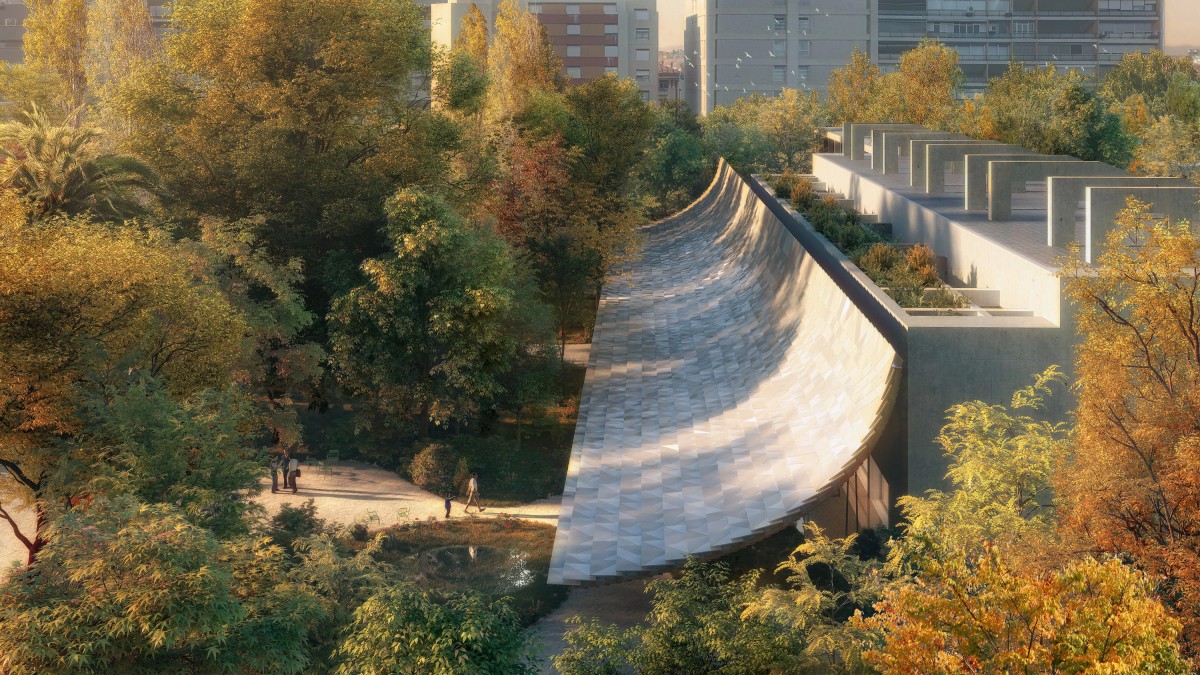 La cubierta cuenta con un diseño inspirado en engawa, un espacio de transición que rodea la estructura, tradicionalmente presente en las casas japonesas.