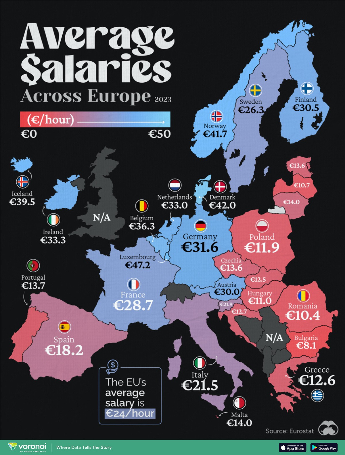 Los salarios medios (por hora) en toda Europa en 2023